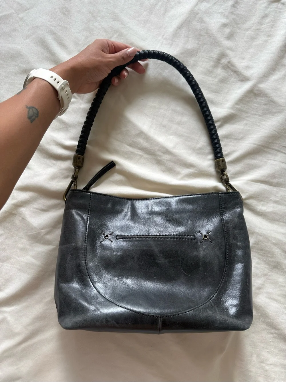 The Sak | Black Rusted Gold Bold Stitching Leather Shoulder Bag